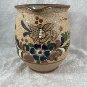 Vintage Tonala Neto Hand-Painted Floral & Bird Ceramic Vase/Creamer